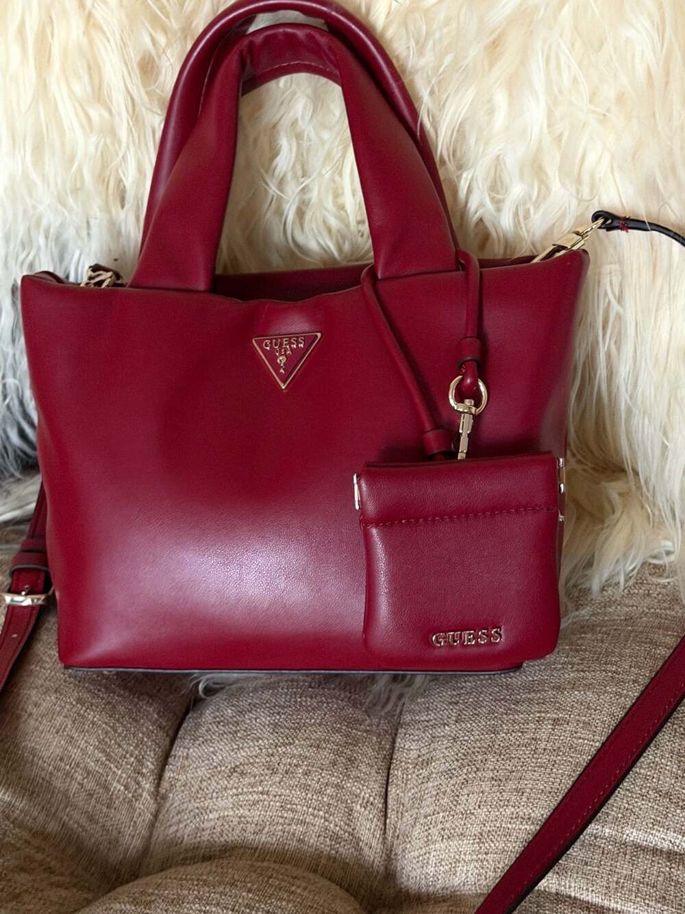 Guess Red Sunetra Mini Tote Handbag with Detachable Pouch